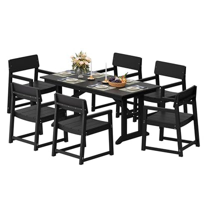 Shintenchi 7 Pieces Outdoor Dining Set,HDPE Outdoor Table and Chairs Set for 6,All Weather Patio Furniture Sets with Umbrella Hole,Modern Wooden Textured Dining Sets for Backyard,Garden,Black
