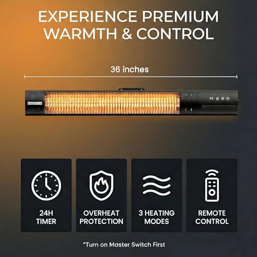 YESERLl Electric Patio Heater with Remote Control- 1500w Outdoor Heater Fast Heating with 3 Power Setting, WallMounted Carbon Infrared Heater Quiet - IP55 Waterproof and 24H Timer for Snow Outdoor