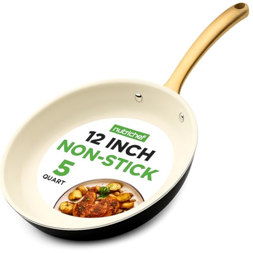 NutriChef 12 Inch Large Ceramic Coated Frying Pan - Non Stick Skillet with Titanium Handle, Omelet Pan Durable, Easy to Clean - Gas, Electric, Ceramic and Induction Compatible Cookware