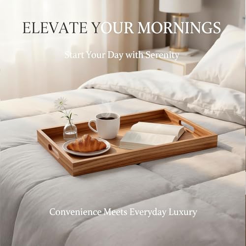 Krismax Wooden Serving Tray with Handles, Rustic Brown Rectangular Serving Platter 15.7x11.4 Inch for Coffee Table, Decorative Storage Tray