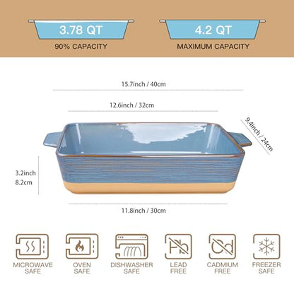 Dafuceramic Casserole Dish for Oven, 4.2 QT Baking Dish, 9x13 Large Porcelain Baking Pan, Durable Rectangular Lasagna Pan Deep with Handles, Microwave Oven Safe, Home Decor, Wedding Gift, (Khaki & Blue)