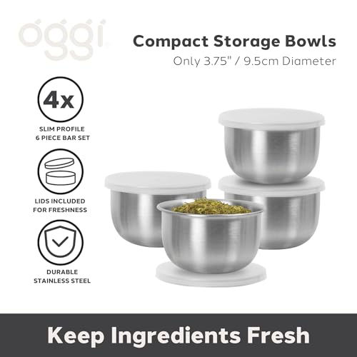 OGGI Set of 4 Stainless Pinch Bowls - 4 fl oz with Lids, Ideal Salt & Pepper Bowls, Mini Storage Bowls, White Lid