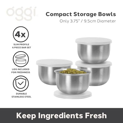 OGGI Set of 4 Stainless Pinch Bowls - 4 fl oz with Lids, Ideal Salt & Pepper Bowls, Mini Storage Bowls, White Lid