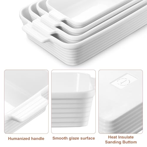 Jassceram Casserole Dishes for Oven, Porcelain Baking Dishes Set of 4, Rectangular Ceramic Casserole Dish with Handles, Deep Lasagna Pan for Kitchen Baking, 9.6" to 15.2", Nesting Design, White