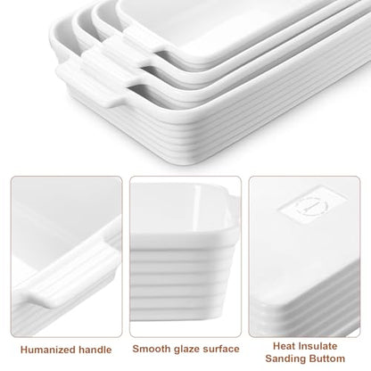 Jassceram Casserole Dishes for Oven, Porcelain Baking Dishes Set of 4, Rectangular Ceramic Casserole Dish with Handles, Deep Lasagna Pan for Kitchen Baking, 9.6" to 15.2", Nesting Design, White