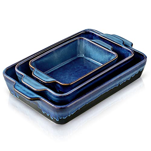 KOOV Bakeware Set, Ceramic Baking Dish, Rectangular Casserole Dish, Lasagna Pan, Baking Pans for Cooking, Cake Dinner, Kitchen, 9 x 13 Inches, Reactive Glaze 3-Piece (Nebula Blue)