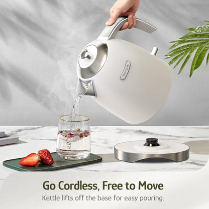 Hazel Quinn Electric Kettle - 1.7 Liters (57oz) Stainless Steel Water Kettle, BPA-Free Interior, 1200W Fast Boiling, Cordless, Rotational Base, Automatic Shut Off & One-Touch LED - Pearl White