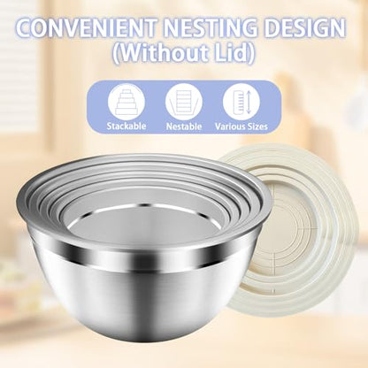 ZEENSUY Mixing Bowls with Airtight Lids Set, 5 PCS Stainless Steel Khaki Nesting Bowls for Kitchen, Large Prep Metal Mixing Bowls for Kitchen, 5.5/4/3.5/2/1.5 QT for Mixing & Serving