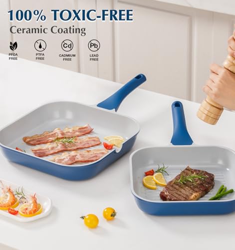 KOCH SYSTEME CS 9.5 Inch Nonstick Grill Pan for Stove Tops, Square Frying Pan with Pour Spouts, Square Pan for Indoor Cooking, Grill Skillet with Bakelite Handle, PTFE & PFOA Free, Blue