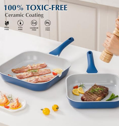 KOCH SYSTEME CS 9.5 Inch Nonstick Grill Pan for Stove Tops, Square Frying Pan with Pour Spouts, Square Pan for Indoor Cooking, Grill Skillet with Bakelite Handle, PTFE & PFOA Free, Blue