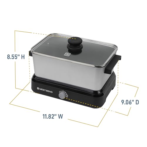 West Bend Versatility Slow Cooker Large Capacity Non-stick Cooking Vessel & Variable Temperature Heating Base Includes Travel Lid and Storage Bag, Range and Oven-Safe Cooking Pot, 5-Quart, Silver