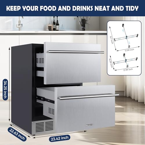 MZAVP 24 Inch Double Drawer Fridge, Stainless Steel Outdoor Beverage Refrigerator for Patio and Kitchen, Freestanding or Built-In, Mobile Grid Organizer, Home and Commercial Use