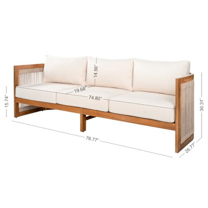 Christopher Knight Home Nylan 7-Seater Patio Furniture Set with Removable Cushion, 5 Piece Outdoor Acacia Wood Conversation Set, Solid Wood Outdoor Sectional Sofa Set with Coffee Table, Teak+Beige