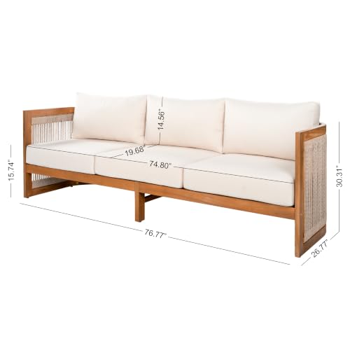 Christopher Knight Home Ayla 7-Seater Patio Furniture Set with Coffee Table, Set of 4 Outdoor Swivel Accent Chair and Sofa Set, 5 Piece Outdoor Acacia Wood Conversation Set with Cushion, Teak+Beige