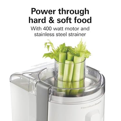 Hamilton Beach HealthSmart Juicer Machine, Compact Centrifugal Extractor, 2.4” Feed Chute for Fruits and Vegetables, Easy to Clean, BPA Free, 400W, White (67501)