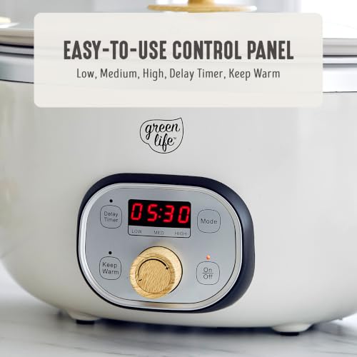 GreenLife 6QT Slow Cooker, Non-Toxic PFAS-Free Ceramic Nonstick Removable Interior Bowl, Programmable, Family Friendly, Keep Warm, Stovetop & Oven Safe, Dishwasher Safe Crock, Timer, Glass Lid, Cream