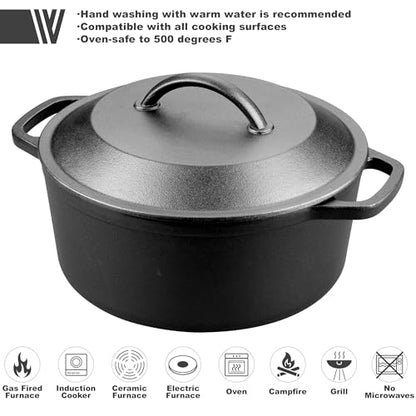 VORRINGARD Pre-Seasoned Cast Iron Dutch Oven with Lid, Round and Dual Handles, for Stovetop, Camping, Grill, Induction, Electric, Black, 3 qt