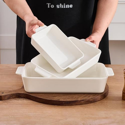 Casserole Dishes For Oven, Ceramic Baking Dishes 15.7"/12.3"/9.4", Large Lasagna Baking Dish with Handle, Ceramic Bakeware Set for Cooking Deep Baking Pan Set of 3 White