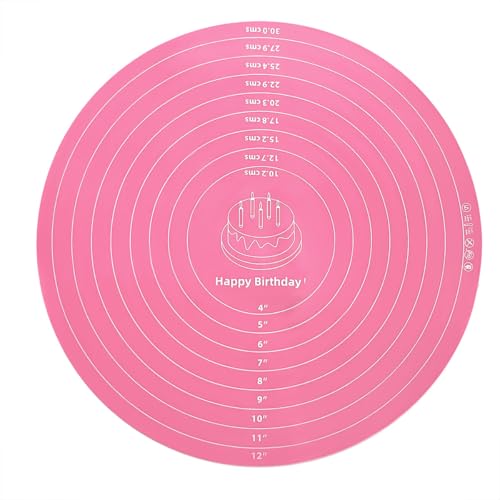 Silicone Cake Mat, 12 Inch Round Silicone Mat, Cake Mat with Measurements, Cake Turntable Mat, Reusable Cookie Mat for Rolling Dough, Non-Stick Heat Resistant, Pastry Baking Pad Pink