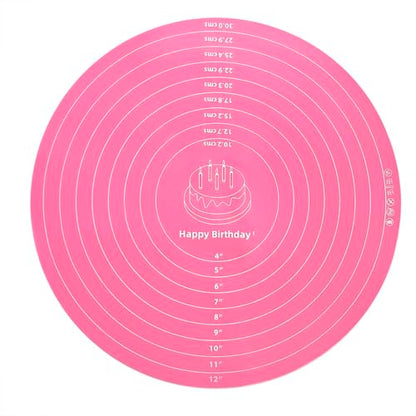 Silicone Cake Mat, 12 Inch Round Silicone Mat, Cake Mat with Measurements, Cake Turntable Mat, Reusable Cookie Mat for Rolling Dough, Non-Stick Heat Resistant, Pastry Baking Pad Pink