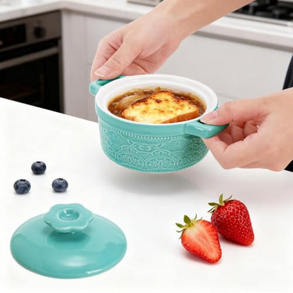 Hacaroa Set of 6 Mini Cocotte with Lid, 8 Oz Ceramic Ramekins with Handles, Small Casserole Dishes Individual Serving Pot for Baking, Soufflé, Soup, Cobbler, Oven Safe, 6 Colors
