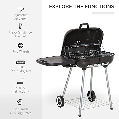 Outsunny Portable Charcoal Grill with Foldable Side Shelf and Bottom Shelf, BBQ Smoker with Wheels and Adjustable Vents on Lid for Picnic Camping Backyard Cooking, Black