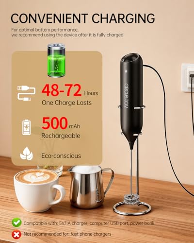 CIRCLE JOY Rechargeable Milk Frother Handheld with Stand, Dual Spring Whisk Head Electric Coffee Frother Foam Maker, Portable Drink Mixer for Cappuccino, Latte, Matcha, Black