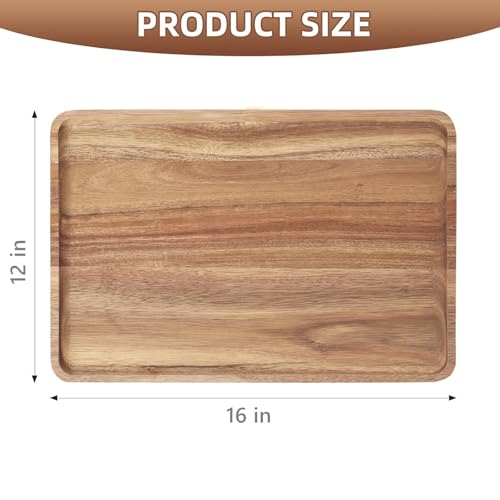 2 PCS 16 x 12 in Large Solid Acacia Wood Serving Trays Rectangular Wooden Serving Platters Natural Wooden Boards for Bar Coffee Party（Wood Log Color）