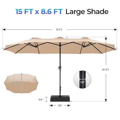 SUPERJARE 15FT Outdoor Patio Umbrella with Base Included, Double Sided Pool Umbrellas with Fade Resistant Canopy, Extra-Large Table Umbrella for Deck, Market, Backyard, Beige