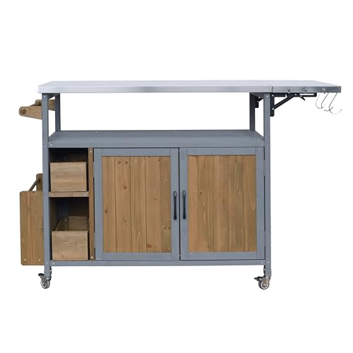 Christopher Knight Home Edsel Outdoor Bar Cart with Stainless Steel Top and Lockable Wheels, Solid Wood Outdoor Storage Cabinet, Kitchen Island Serving Cart for Poolside, Walnut Brown+Blue Gray