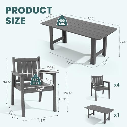 Pamapic 6 PCS Outdoor Dining Set, Spacious HDPE Outdoor Table with 4 Chairs and 1 Bench, Wood Grain Patio Furniture Sets with Elegant Armrest, All-Weather Patio Dining Table with Umbrella Hole, Gray