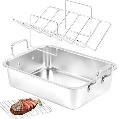 QPMR Roasting Pan with Cooling Rack - Stainless Steel Large Turkey Roaster Pan for Turkey, Chicken, Ham Roaster with V-Shaped Baking Rack Heavy Duty Dishwasher Safe