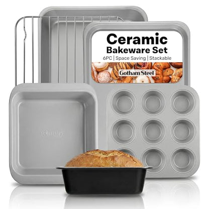 Gotham Steel 6 Pc Stackable Baking Pans Set, 70% Space Saving Design, Ceramic Bakeware Sets Non Toxic Made Without PFOA PFOS, with Cookie Sheet Tray, Cake & Muffin Pans, Oven & Dishwasher Safe