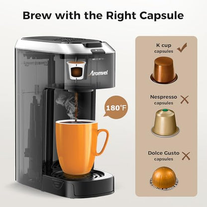 Aromvel Single Serve Coffee Maker for K Cup Pods, One Button Coffee Maker, 6-14oz Brew Sizes, Fits Travel Mug, Compact for Small Kitchen, Office, Dorm, RV, Silver