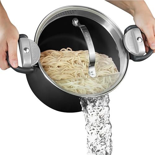 GOTHAM STEEL 5 Qt Nonstick Pasta Pot with Strainer Lid & Twist and Lock Handles, Ceramic Stock Pot with Tempered Glass Lid, Metal Utensil Safe, for Spaghetti Soup & Noodles, Dishwasher Safe, Black