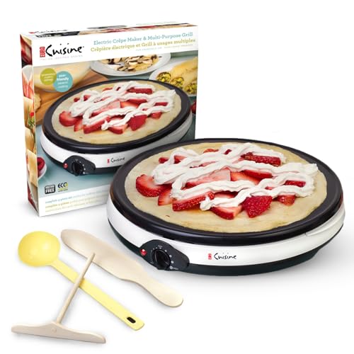 Euro Cuisine CM20 Electric Crepe Maker, 12 Inch Ceramic Non-stick Pan (PTFE PFOA Free), Adjustable Temperature Setting, Also Makes Roti, Dosa, Pancakes, Includes Batter Spreader, Turner and Ladle