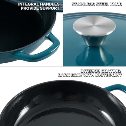 Flavehc Braiser Enameled Cast Iron Braiser 3 qt Braiser Pan with Lid DarkCyan Shallow Cast Iron Casserole Braiser Pan with Handels