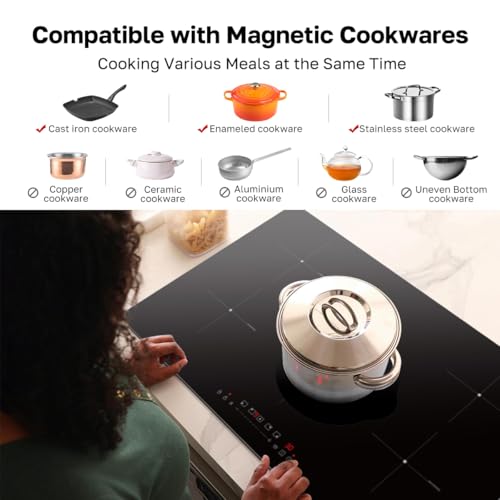 ThermoMate 36 Inch Induction Hob Electric Cooktop, 9800W Built in Induction Stove Top with 5 Boost Burners, 9 Heating Levels, Timer & Child Safety Lock, Sensor Touch Control, 240V