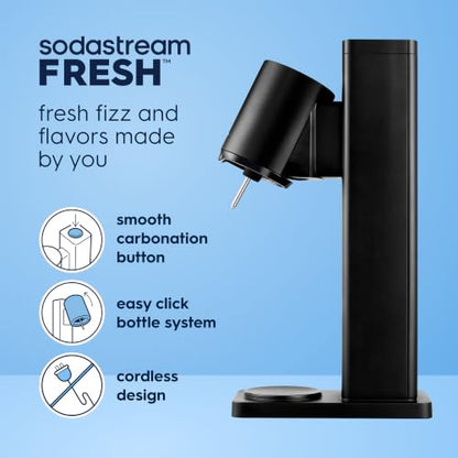 Sodastream Fresh | Soda Machine Sparkling Water Maker Value Bundle (Black) With 2x 60L CO2 Canisters, 1x Carbonating Bottle, 1x Fizz & Go Cool Metal Bottle (Storm) and 3x Zero Flavors