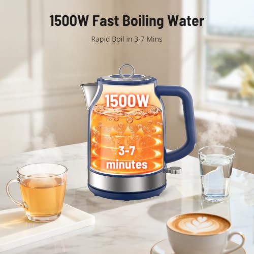 Electric Tea Kettle Retro‑Blue, 57oz Hot Water Pot with Thermometer