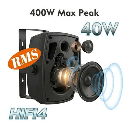 AiTURE 6.5 Inch Wall Mounted Bluetooth 5.4 Speakers, Peak 400W Indoor/Outdoor Waterproof Multi-Sync 200 Speakers/Auto-Pairing Auracast/Remote Control, 120 FT Range for Patio/Garage/Home (Black, Pair)