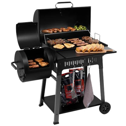 Grills House CC1831F Barrel Charcoal Grill with Offset Smoker Black
