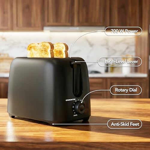 OVENTE Electric 2 Slice Toaster Machine with 6-Shade Browning Selector Setting, Compact Design and Removable Crumb Tray, 700W Power Perfect for Toasting Bread, Thin Bagels and Waffles, Black TP2210B