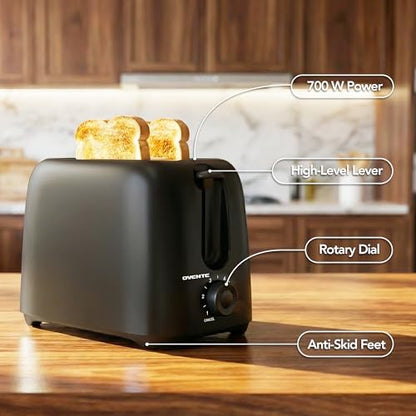 OVENTE Electric 2 Slice Toaster Machine with 6-Shade Browning Selector Setting, Compact Design and Removable Crumb Tray, 700W Power Perfect for Toasting Bread, Thin Bagels and Waffles, Black TP2210B
