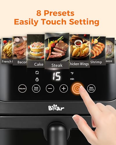 Bear Air Fryer, Stainless Steel Airfryer 8 Presets for Fast Family Meals, 6.4Qt Large Visible Window Temp Timer Adjustable Roast Bake Crisp French Fries Steak, Non Stick Basket Dishwasher Safe