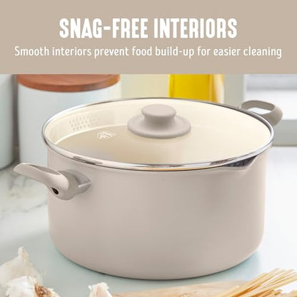 GreenLife 6QT Ceramic Nonstick Stockpot with Glass Straining Lid, PFAS-Free, Dishwasher Safe, Stay-Cool Handles, Oven Safe to 350°F, Wobble-Free Base, Even Heating, Taupe