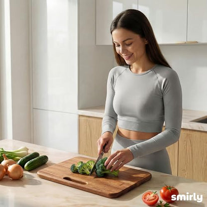 SMIRLY Wooden Cutting Boards for Kitchen, Double-Sided Cutting Board with Handle, Heavy Duty Solid Acacia Wood Cutting Board Set with Stand, 3 Pcs Cutting Boards Non Toxic for Meat Vegetable Fruit