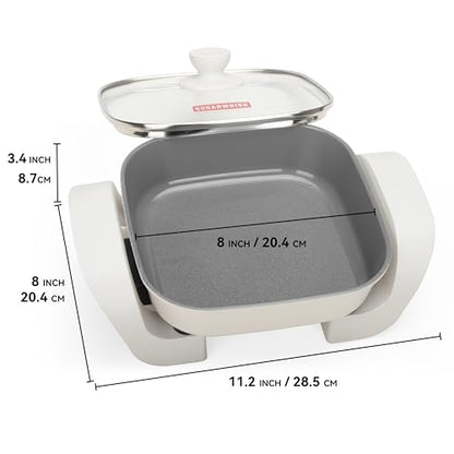 SugarWhisk 8-inch Ceramic Coated Electric Skillet with Lid, Non Stick Skillet Griddle Pan Electric, Rapid Heat Up, 650W, Breakfast Skillet, Kitchen Appliances for Cooking, White