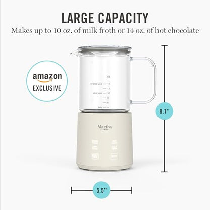 Martha Stewart Milk Frother and Steamer, 10oz/300ml Glass Cup, 4 Presets (Cold Foam, Light, Dense & Hot Chocolate), Ready in 90 Seconds, Cordless Pouring, One-Touch for Hot and Cold Milk, Linen Cream