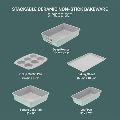 T-fal Refresh Ceramic Nonstick Baking Pans Set (5 Pieces), Roaster, 6-Cup for Muffins, Loaf, Square Baking Sheets Non Stick, Stackable Bakeware Sets, Mint Green